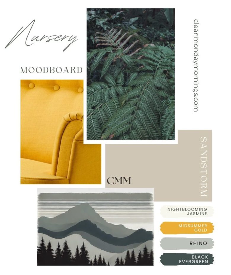 Moody green, layered grays, and warm neutrals--color swatches for a geometric nursery mural